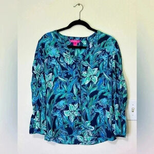 Lilly Pulitzer Maritza Floral Blouse Teal Blue Green Button Front Long Sleeve‎